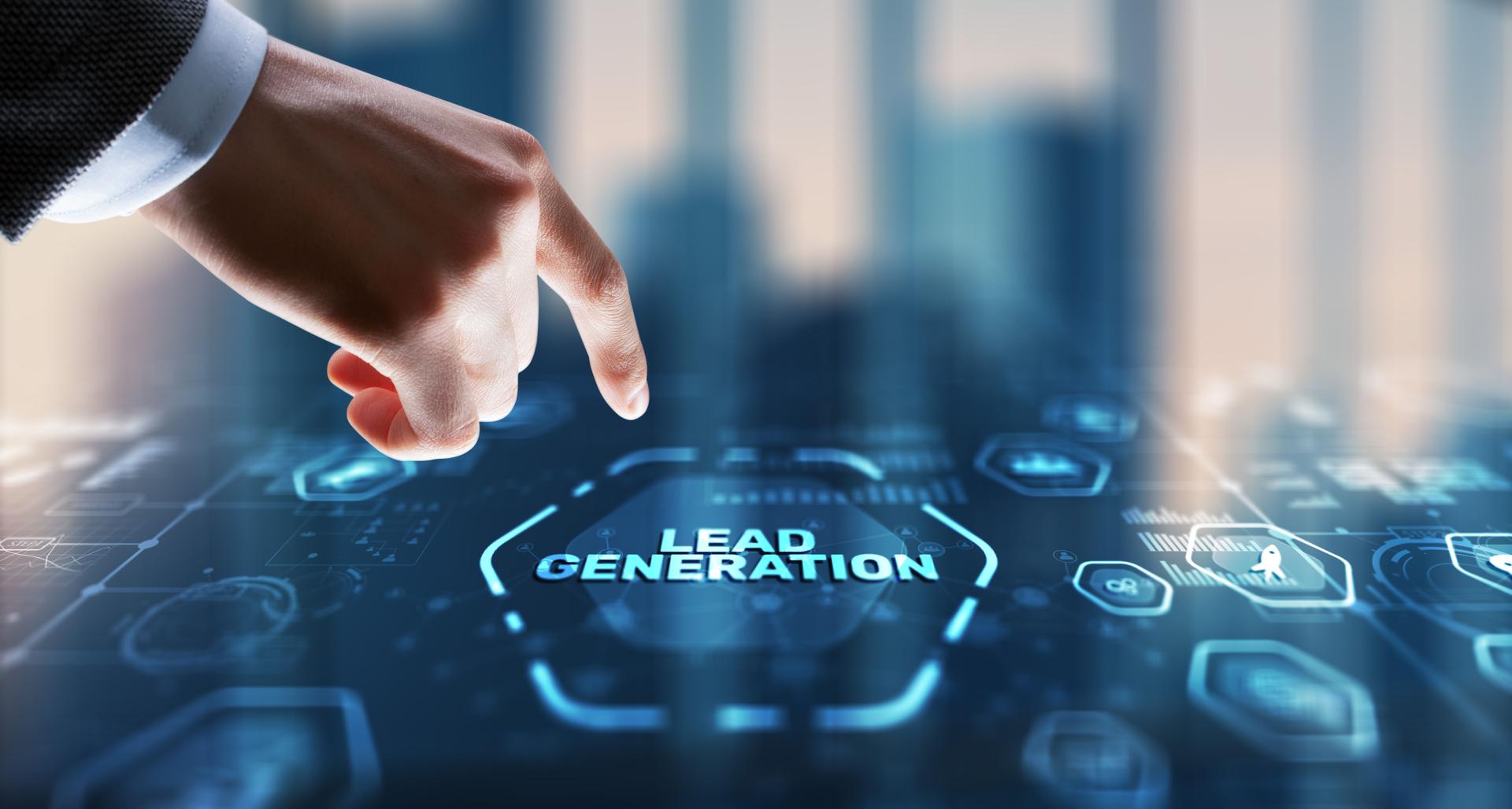 Businessman presses a button on the virtual screen: Lead generation